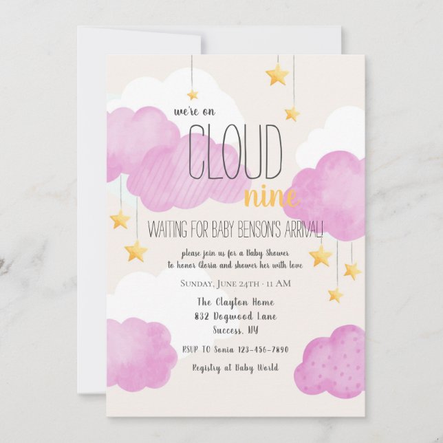 Cloud 9 Baby Shower Invitation in Pink (Front)
