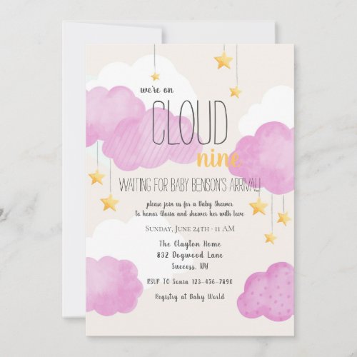 Cloud 9 Baby Shower Invitation in Pink