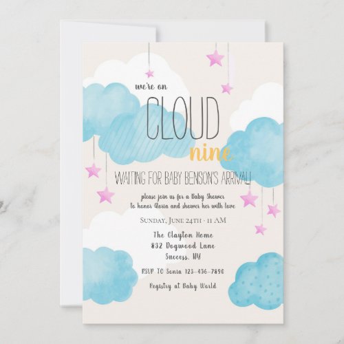 Cloud 9 Baby Shower Invitation with Pink Stars 