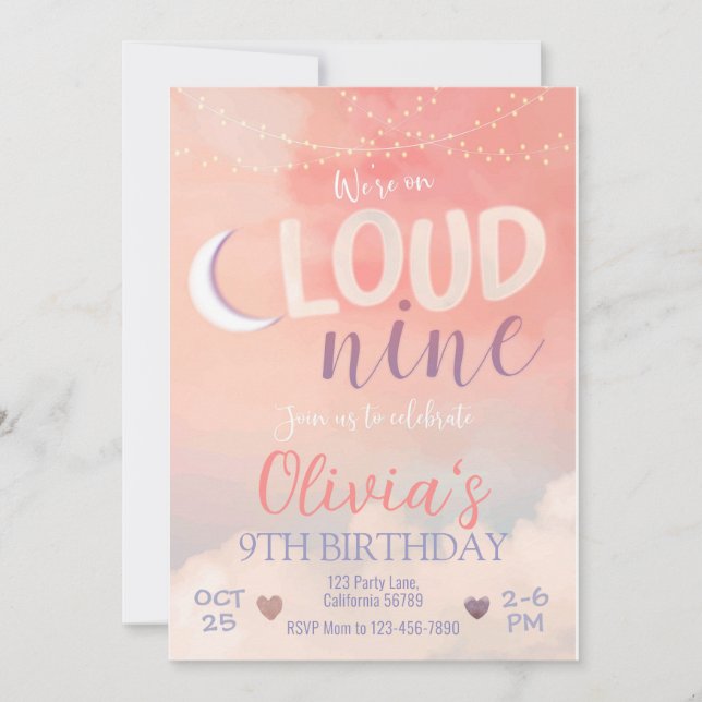 Cloud 9 Birthday Invitation 9th Birthday Invite (Front)