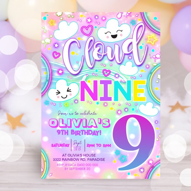 Cloud 9 Birthday Invitation Rainbow Neon (Neon Rainbow Cloud 9 Birthday Invitation)