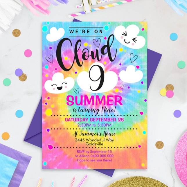 Cloud 9 Birthday Invitation Tie Dye Rainbow (Creator Uploaded)
