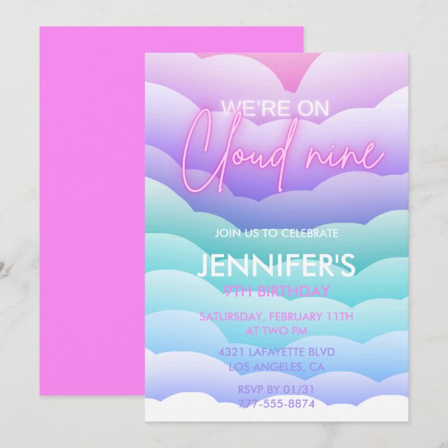 Cloud 9 birthday invitations Rainbow Purple Pink (Front/Back)