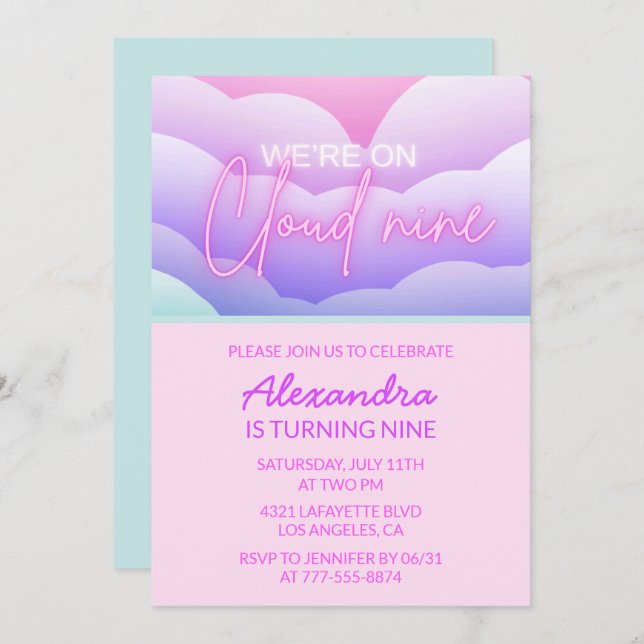 Cloud 9 birthday party Invitations Rainbow (Front/Back)