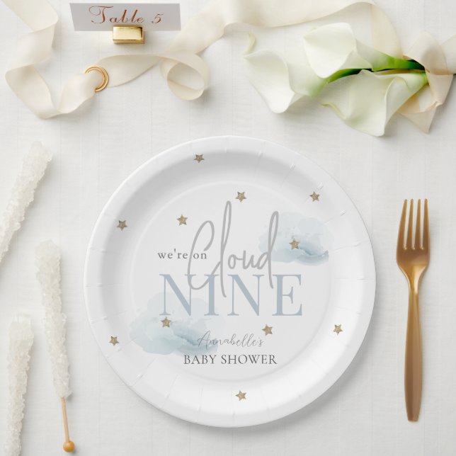 Cloud 9 Blue Clouds & Gold Stars Boy Baby Shower Paper Plates (Wedding)