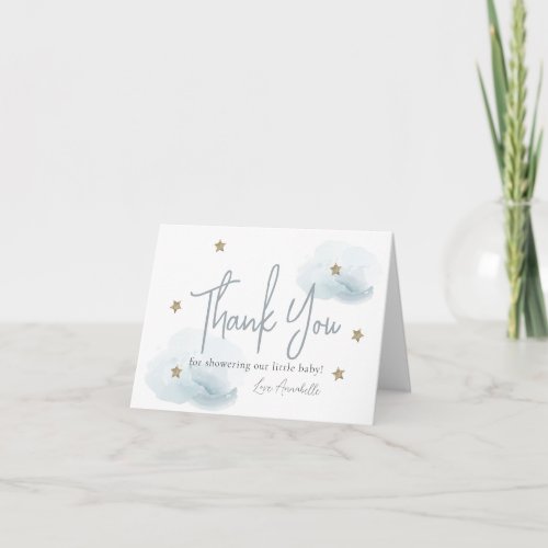 Cloud 9 Blue Clouds  Gold Stars Girl Baby Shower Thank You Card