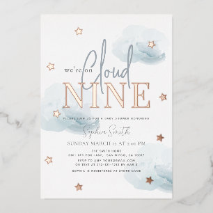 Cloud 9 Blue Clouds Watercolor Boy Baby Shower Foil Invitation