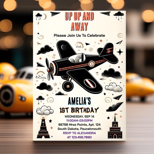 Cloud 9 Fly Cute Sky Joy Airplane 1st Birthday Invitation