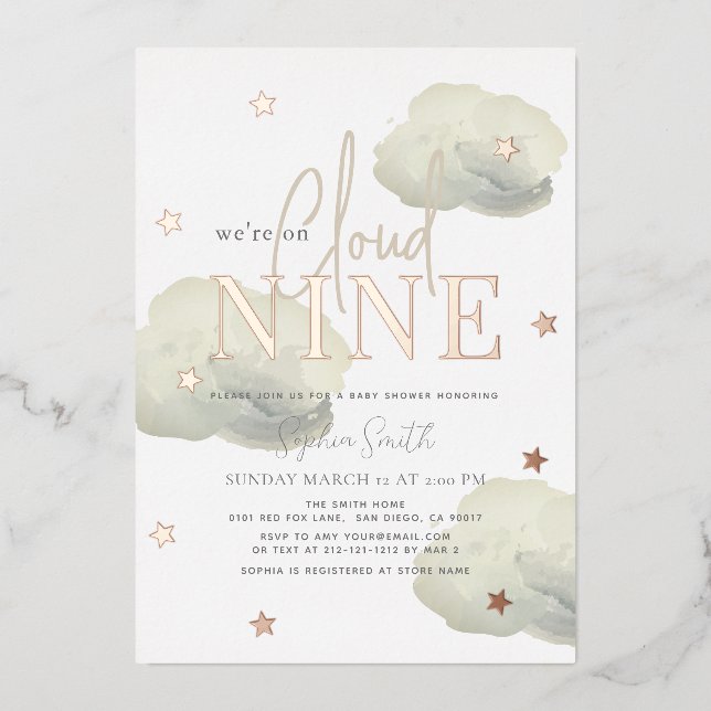 Cloud 9 Gold Clouds Watercolor Baby Shower Foil Invitation (Front)