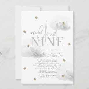 Cloud 9 Gold Star Gray Baby Shower by Mail Invitation