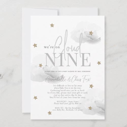 Cloud 9 Gold Star Gray Baby Shower by Mail Invitation