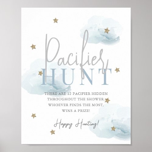 Cloud 9 Gold Stars Blue Baby Shower Pacifier Hunt Poster