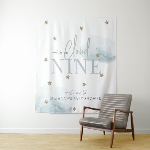 Cloud 9 Gold Stars Blue Baby Shower Welcome Tapestry