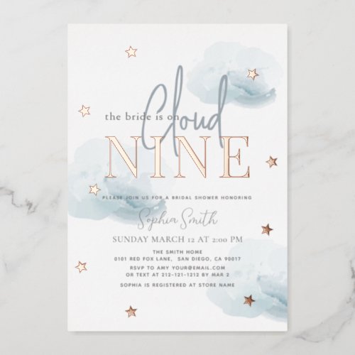 Cloud 9 Gold Stars  Blue Clouds Bridal Shower Foil Invitation