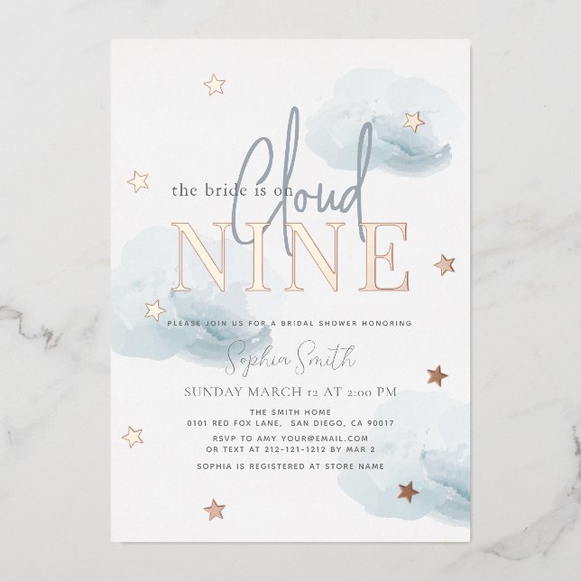 Cloud 9 Gold Stars & Blue Clouds Bridal Shower Foil Invitation (Front)