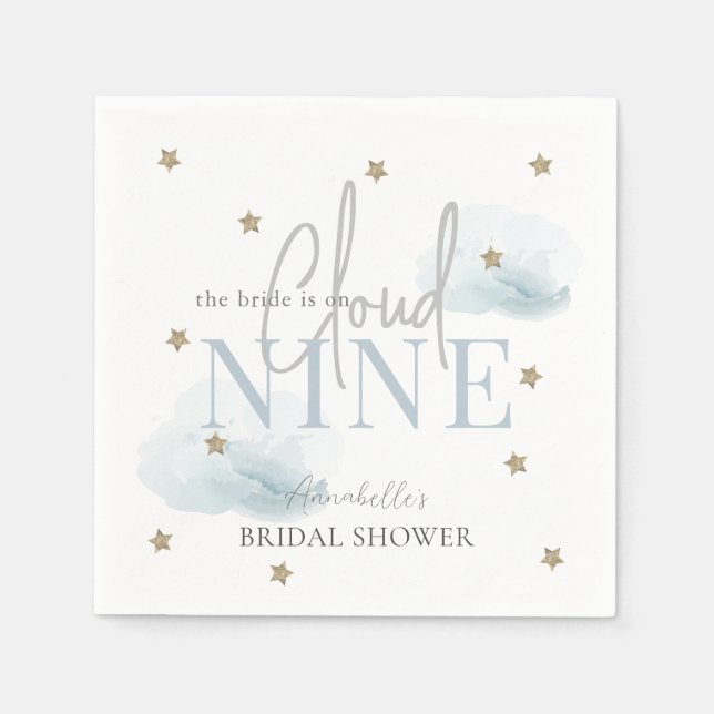 Cloud 9 Gold Stars Blue Watercolor Bridal Shower Napkins (Front)