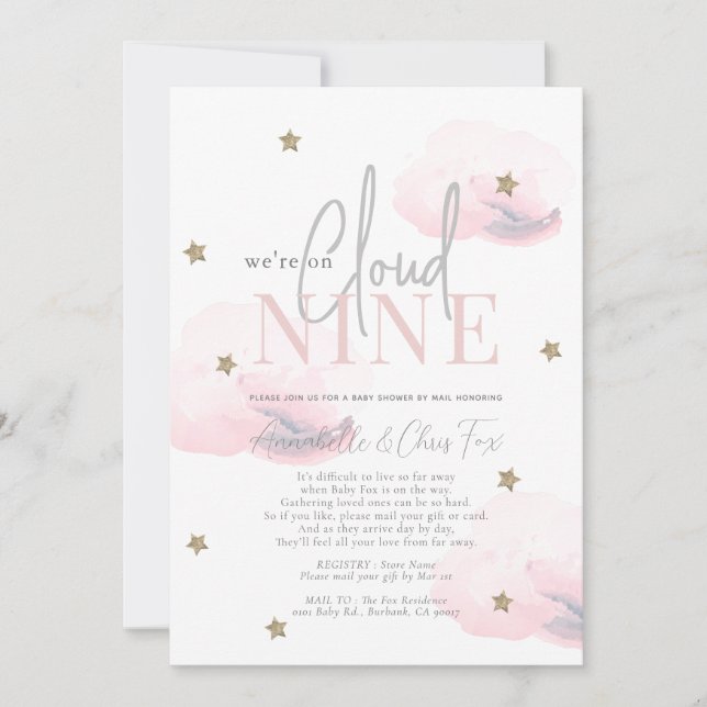 Cloud 9 Gold Stars Pink Baby Shower by Mail Invitation (Front)