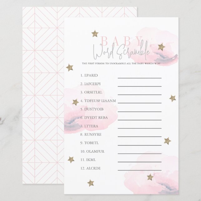 Cloud 9 Gold Stars Pink Baby Shower Word Scramble (Front/Back)