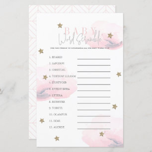Cloud 9 Gold Stars Pink Baby Shower Word Scramble