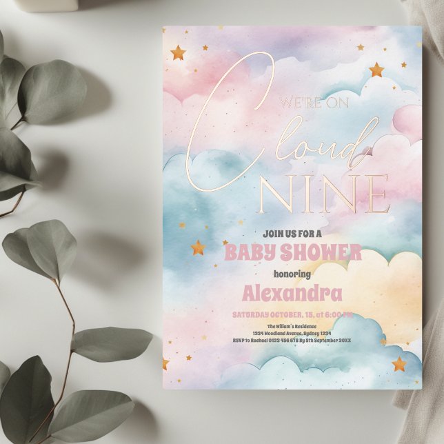 Cloud 9 Gold Stars Watercolor Baby Shower Foil Invitation (Creator Uploaded)