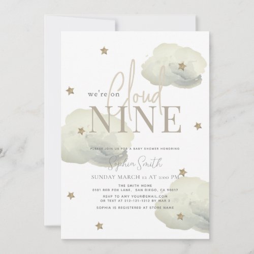 Cloud 9 Gold Stars Watercolor Baby Shower Invitation