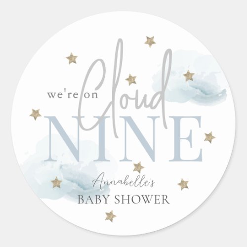 Cloud 9 Gold Stars Watercolor Boy Baby Shower Classic Round Sticker