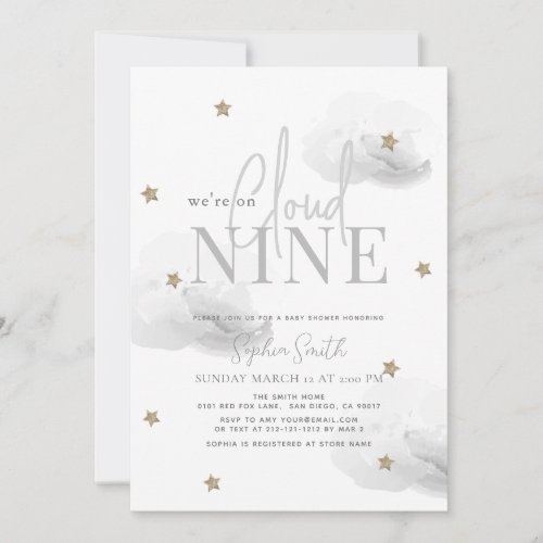 Cloud 9 Gold Stars Watercolor Gray Baby Shower Invitation