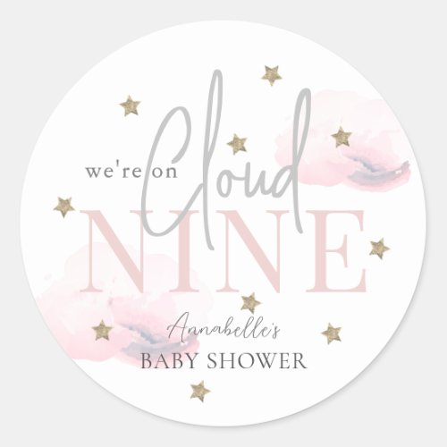 Cloud 9 Gold Stars Watercolor Pink Baby Shower Classic Round Sticker