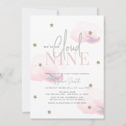 Cloud 9 Gold Stars Watercolor Pink Baby Shower Invitation