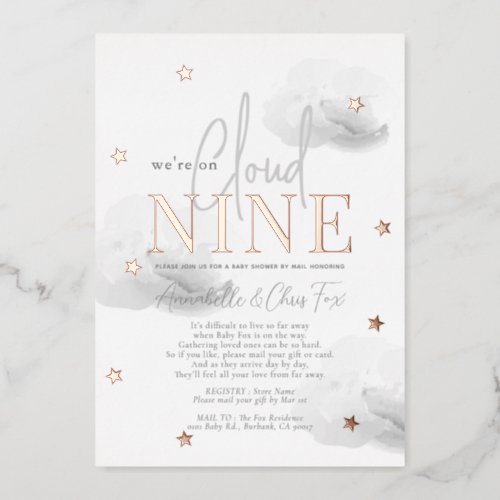 Cloud 9 Gray Clouds Watercolor Baby Shower by Mail Foil Invitation