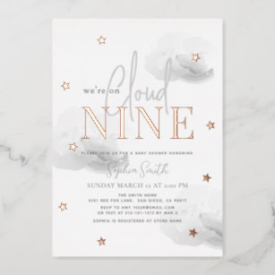 Cloud 9 Gray Clouds Watercolor Baby Shower Foil Invitation