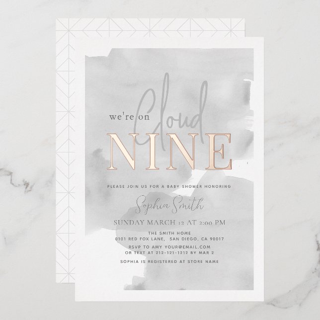 Cloud 9 Gray Sky Watercolor Baby Shower Foil Invitation (Front/Back)