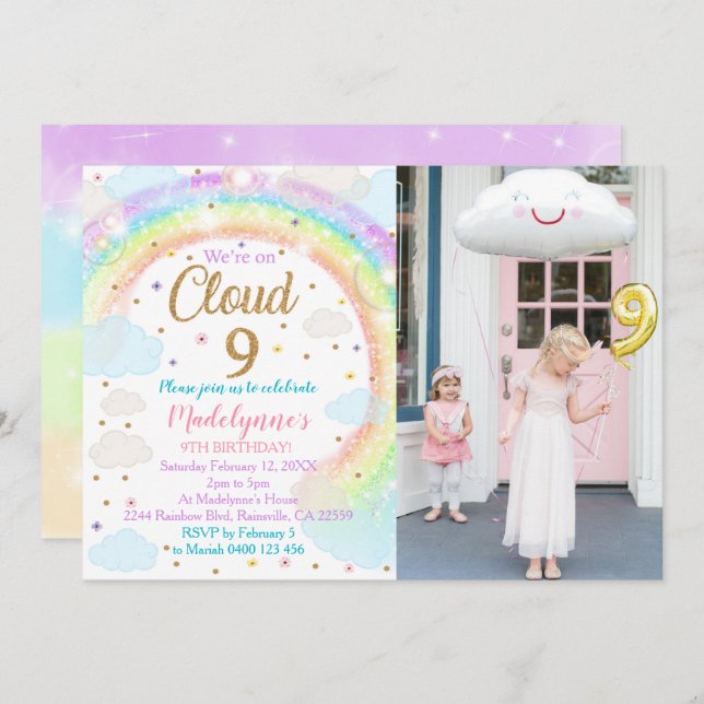 Cloud 9 Photo Invitation Rainbow 9th Birthday (Front/Back)
