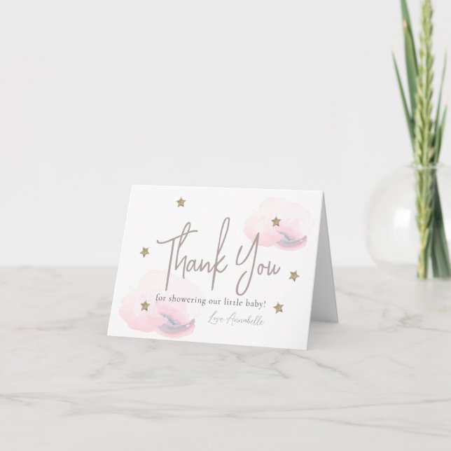 Cloud 9 Pink Clouds & Gold Stars Girl Baby Shower Thank You Card (Front)