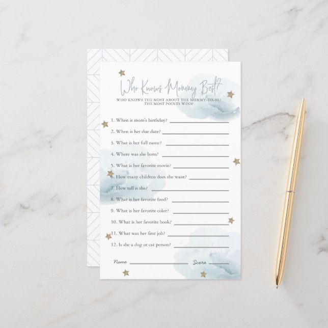 Cloud 9 Who Knows Mom Blue Baby Shower Game (Front/Back In Situ)