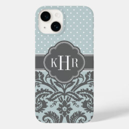 Cloud and Charcoal Gray Damask Polka Dots Monogram Case-Mate iPhone 14 Case