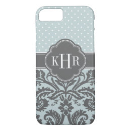 Cloud and Charcoal Gray Damask Polka Dots Monogram iPhone 8/7 Case