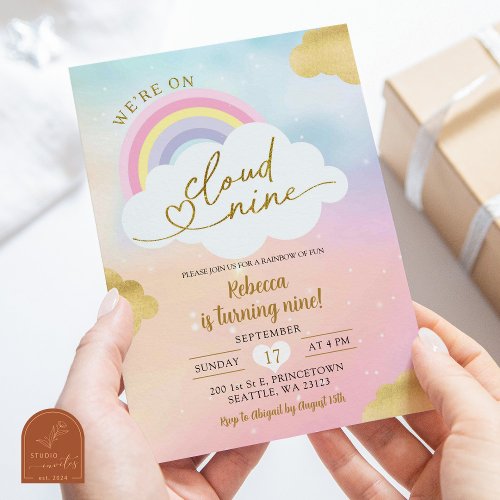 Cloud and rainbow Kids Colorful 9th Birthday Invitation