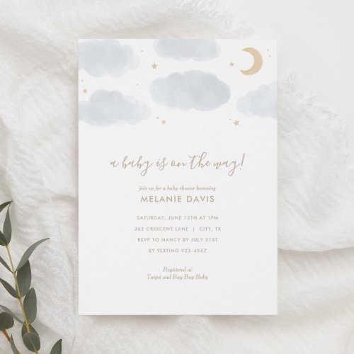 Cloud and Stars Blue Watercolor Baby Shower Invitation