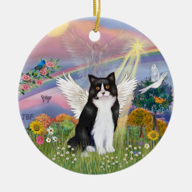 Cloud Angel - Black & White Cat Angel Ceramic Ornament (Front)