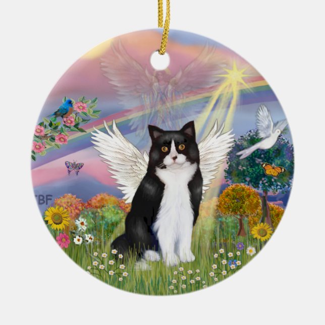 Cloud Angel - Black & White Cat Angel Ceramic Ornament (Front)