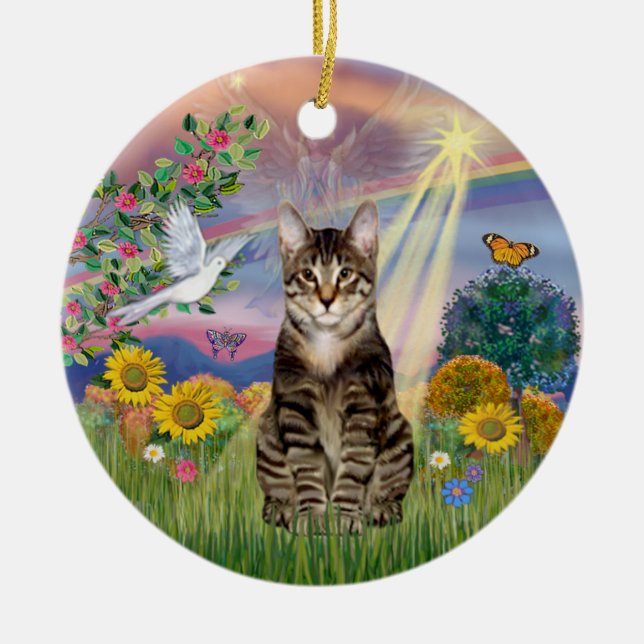Cloud Angel - Tabby Tiger Cat Angel Ceramic Ornament (Front)