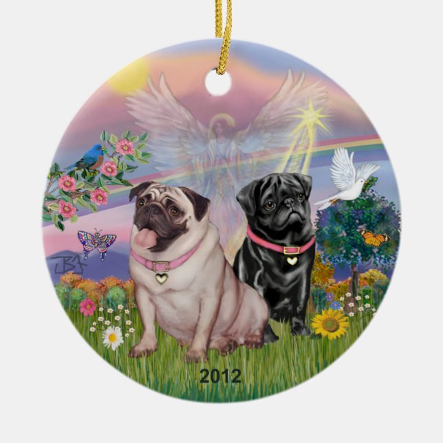 Cloud Angel - Two Girl Pugs Ceramic Ornament (Front)
