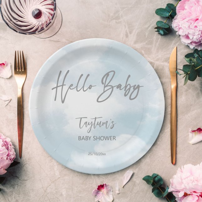 Cloud baby shower grey clouds baby shower template paper plates (Cloud baby shower grey clouds baby shower template paper plates personalized tableware hello baby)