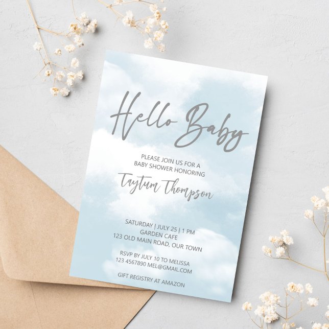 Cloud baby shower pastel grey clouds baby shower invitation (Cloud baby shower invitation template instant download pastel grey clouds modern casual script)