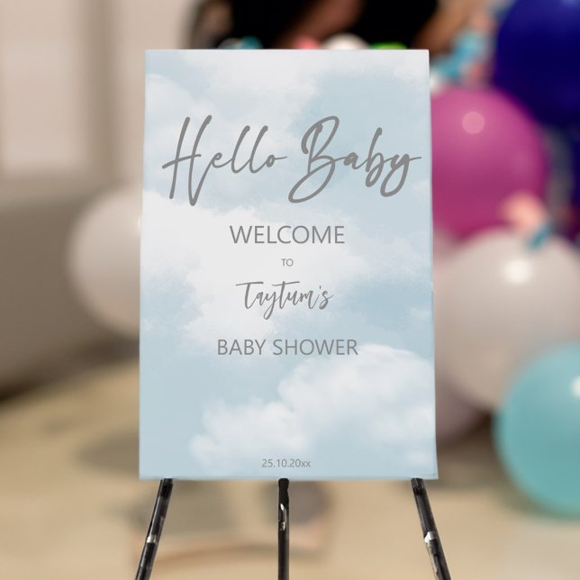 Cloud baby shower pastel grey clouds welcome sign (Cloud baby shower pastel grey clouds welcome sign board we're on cloud nine baby shower welcome sign)