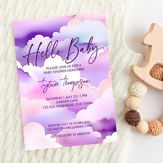 Cloud baby shower purple clouds baby shower invitation (Cloud baby shower purple clouds baby shower editable template invitation digital download hello baby)