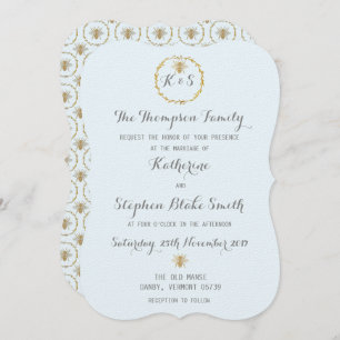 Cloud Blue and Gold Foil Golden Bees Wedding Invitation