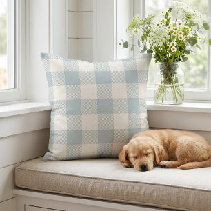 Cloud Blue and White Buffalo Check Plaid Throw Pillow