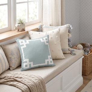 Cloud Blue and White Greek Key Border Throw Pillow